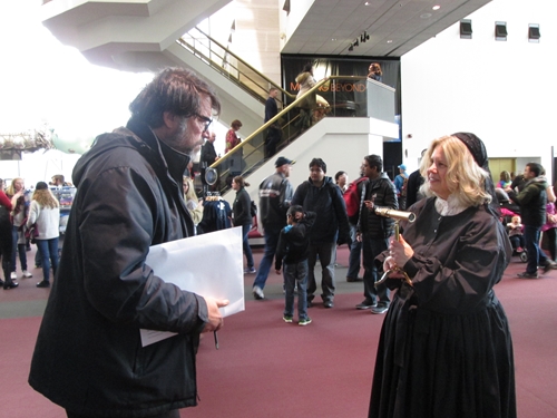 Noreen Grice, as Maria Mitchell,answers questions from museum visitors at the National Air & Space Museum