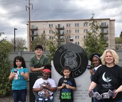 Noreen and Students in front of Malden Police Station